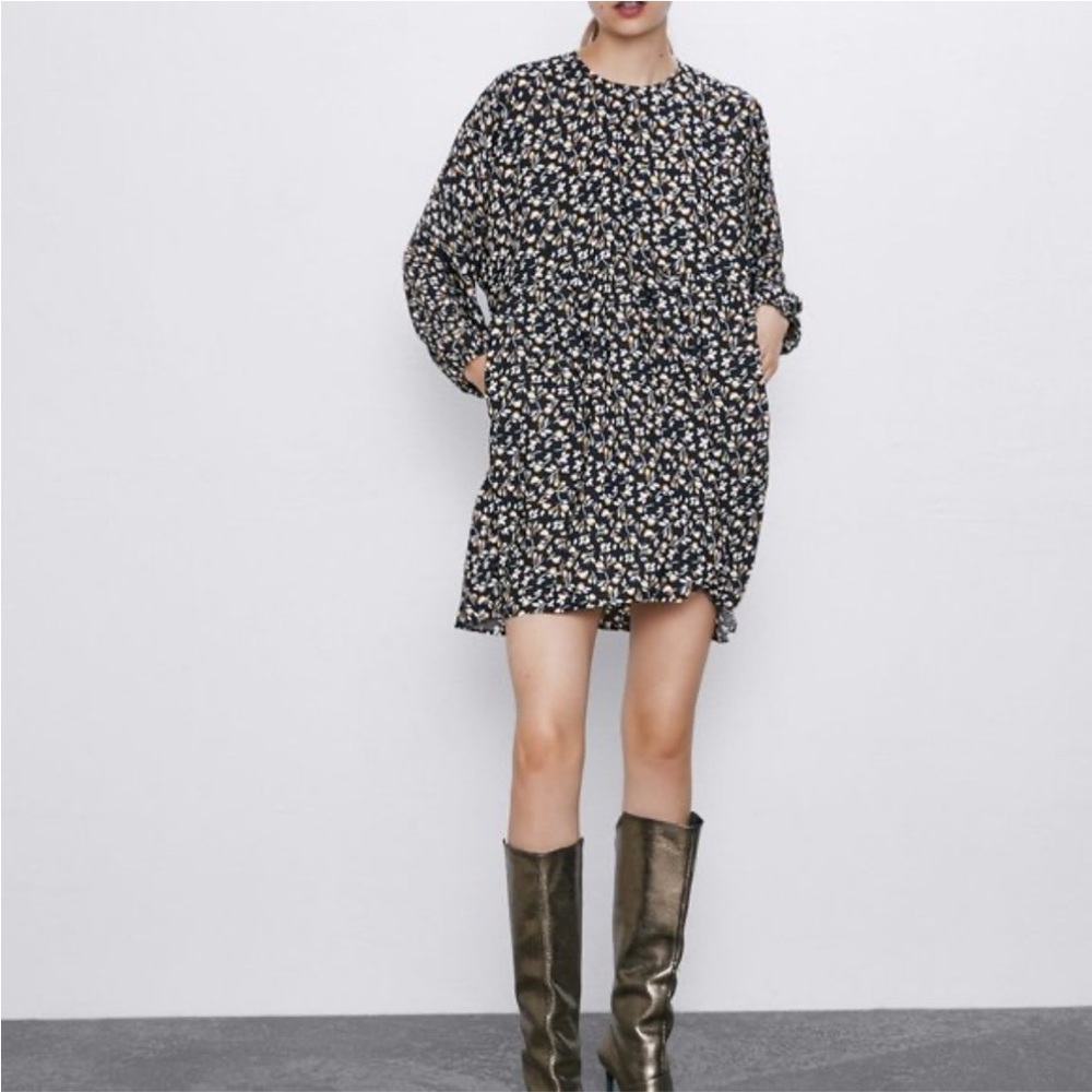 Zara Floral Babydoll Flowy Long Sleeve Mini Dress Black Women's Size Medium Boho - Picture 2 of 15